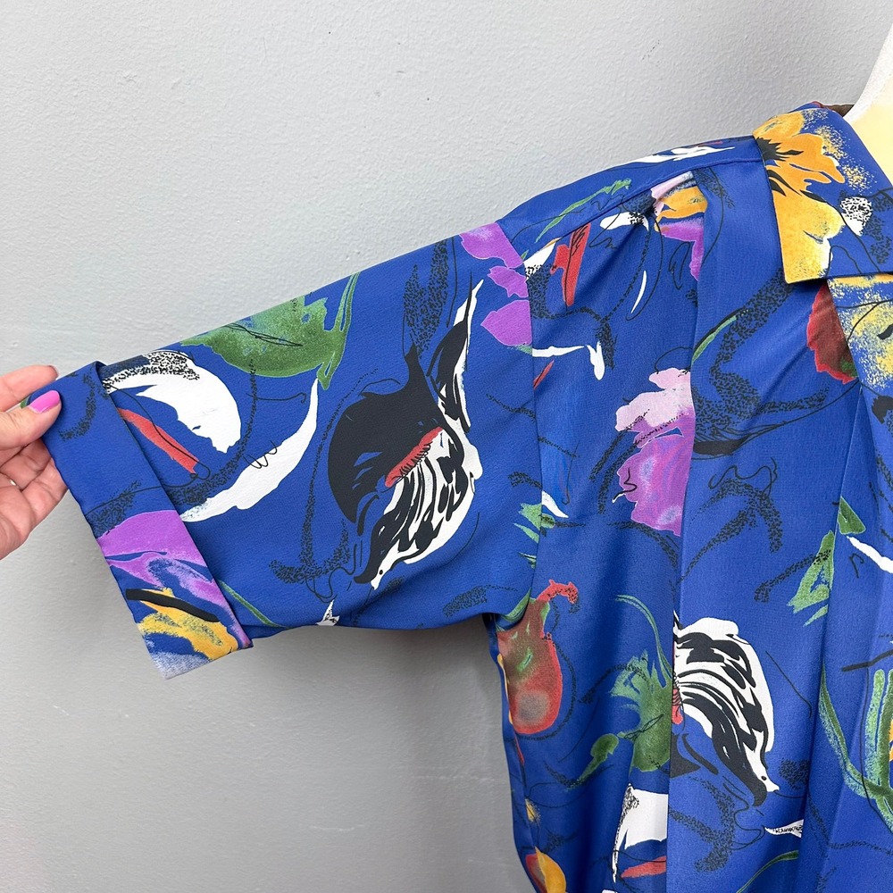 Vintage Midi Dress Women Size M Blue Floral 80s Drop Waist Retro Shoulder Pads - Picture 4 of 11